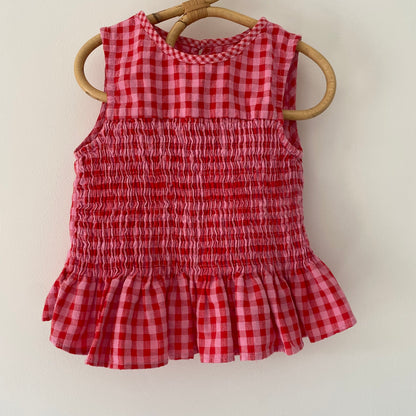 2-3Y Zara pink red gingham shirred frill top