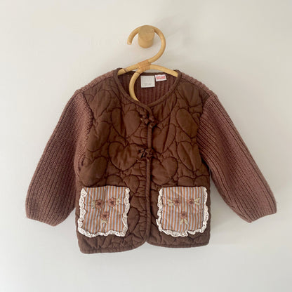18-24M Zara brown knit floral embroidered quilted jacket