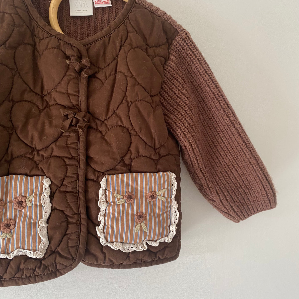 18-24M Zara brown knit floral embroidered quilted jacket