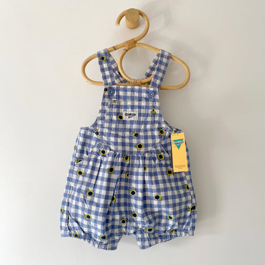 12M Oshkosh B'Gosh blue gingham sunflower reissue shortalls - new with tags