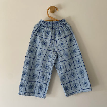 4-5Y Zara embroidered blue floral wide leg trousers