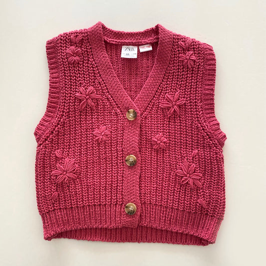 5-6Y Zara pink chunky knit floral waistcoat