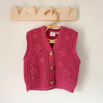 4-5Y Zara pink chunky knit floral embroidered waistcoat