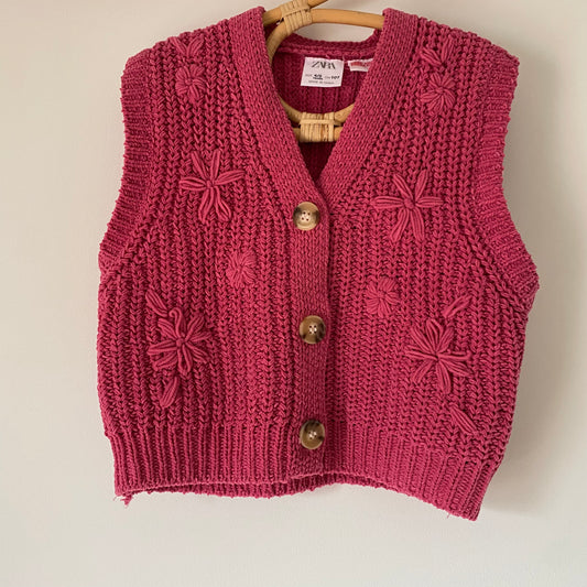 4-5Y Zara pink chunky knit floral embroidered waistcoat