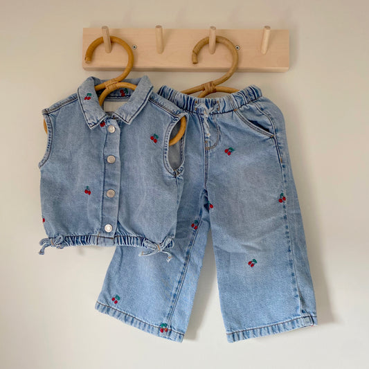 12-18M Zara cherry embroidered denim waistcoat and wide leg jeans set co-ord