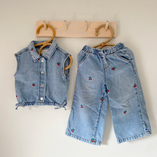 12-18M Zara cherry embroidered denim waistcoat and wide leg jeans set co-ord