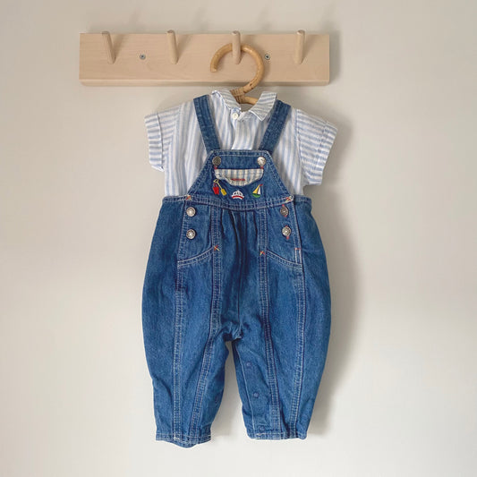 0-3M St Michael's vintage denim dungarees and blue stripe shirt set