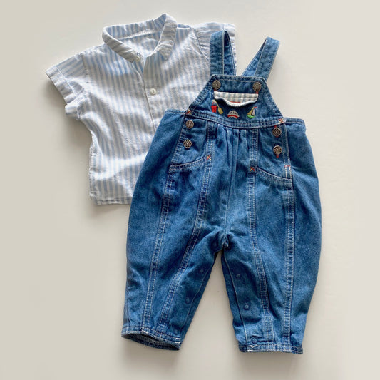 0-3M St Michael's vintage denim dungarees and blue stripe shirt set