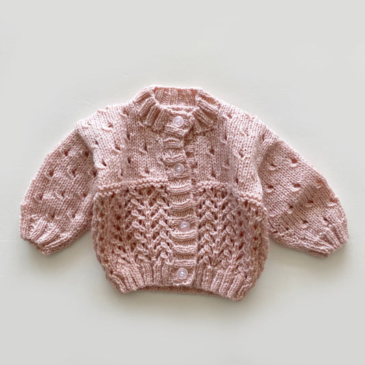 0-3M dusky pink hand-knitted cardigan