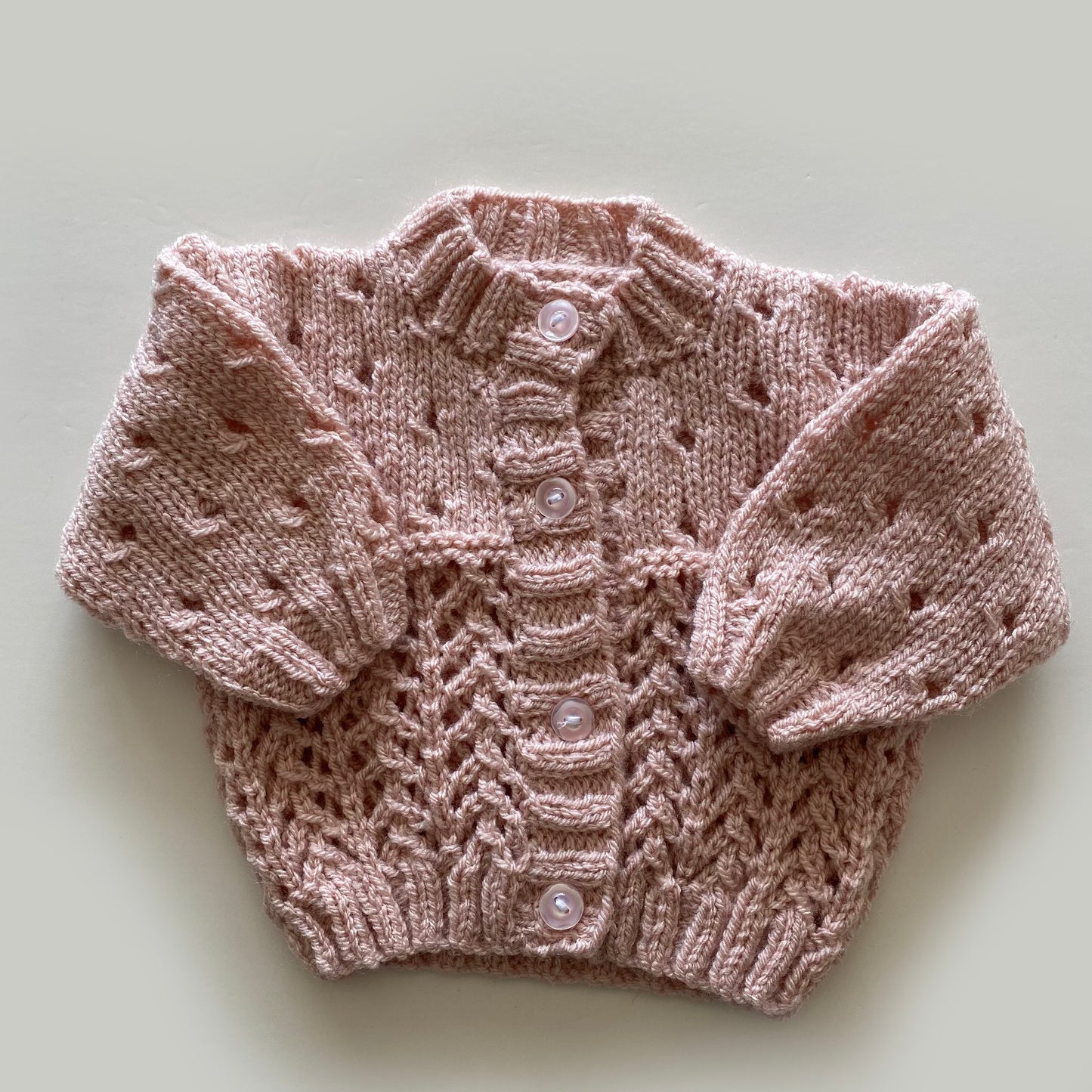 0-3M dusky pink hand-knitted cardigan