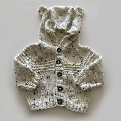6-12M mottled cream hand-knitted cardigan with bear hood