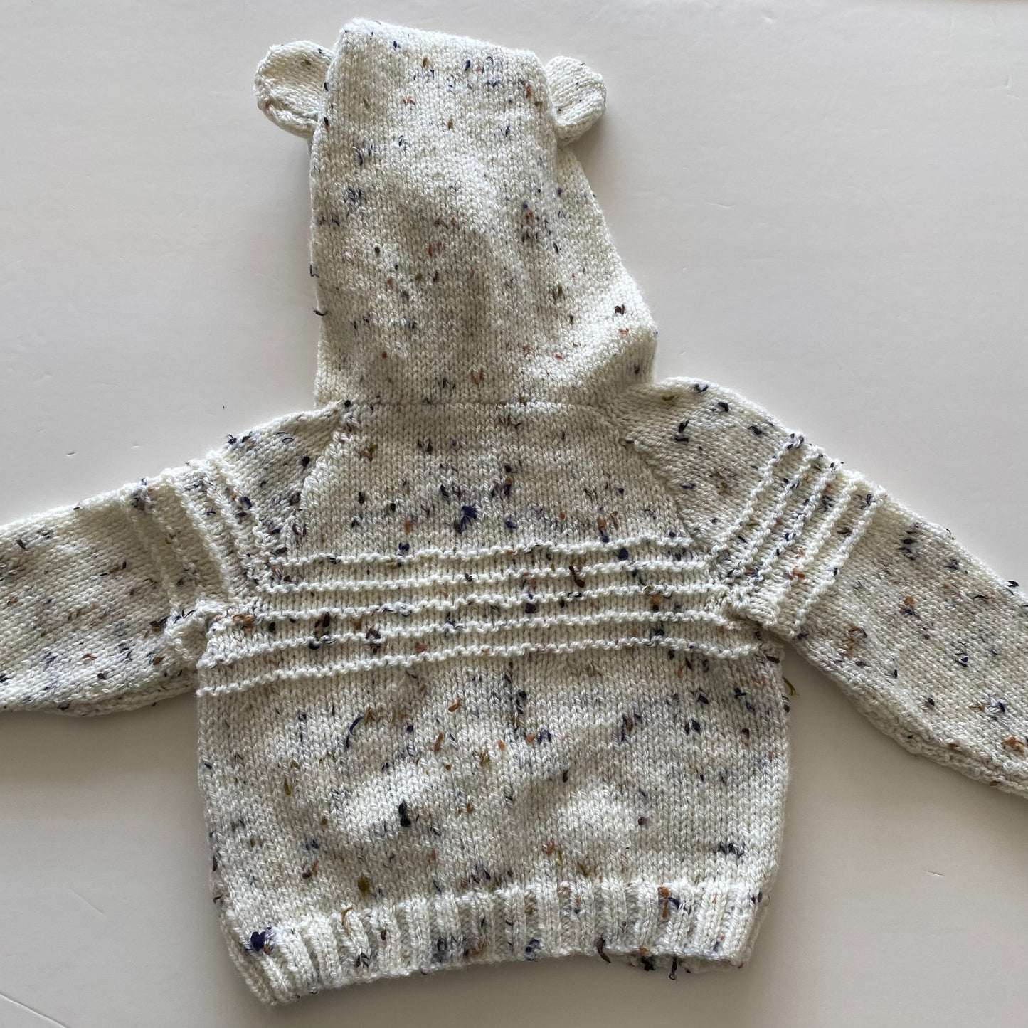 6-12M mottled cream hand-knitted cardigan with bear hood