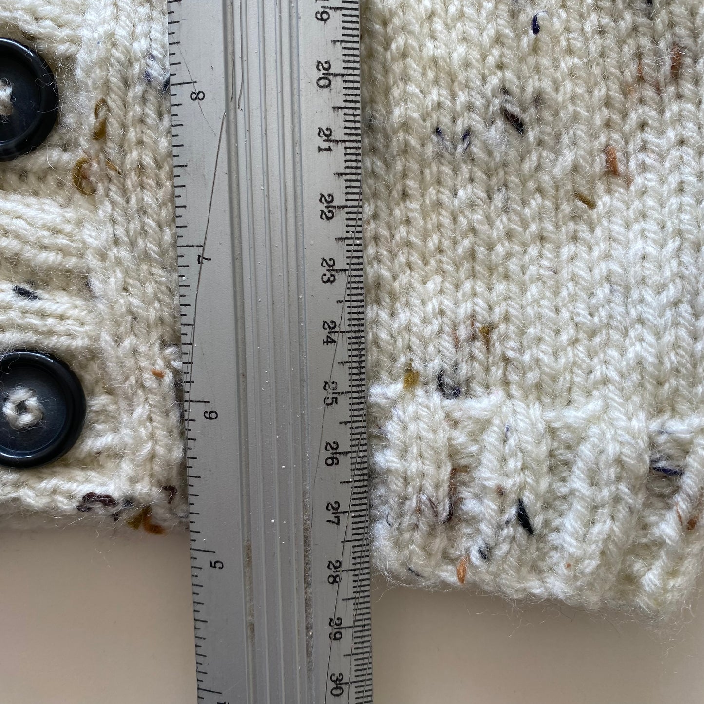 6-12M mottled cream hand-knitted cardigan with bear hood