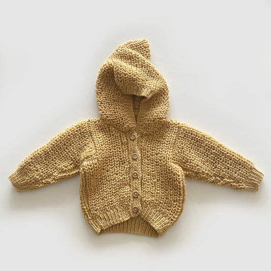 0-3M muted mustard chunky knit hand-knitted cardigan with pixie hood