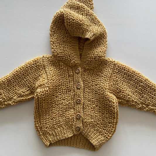 0-3M muted mustard chunky knit hand-knitted cardigan with pixie hood