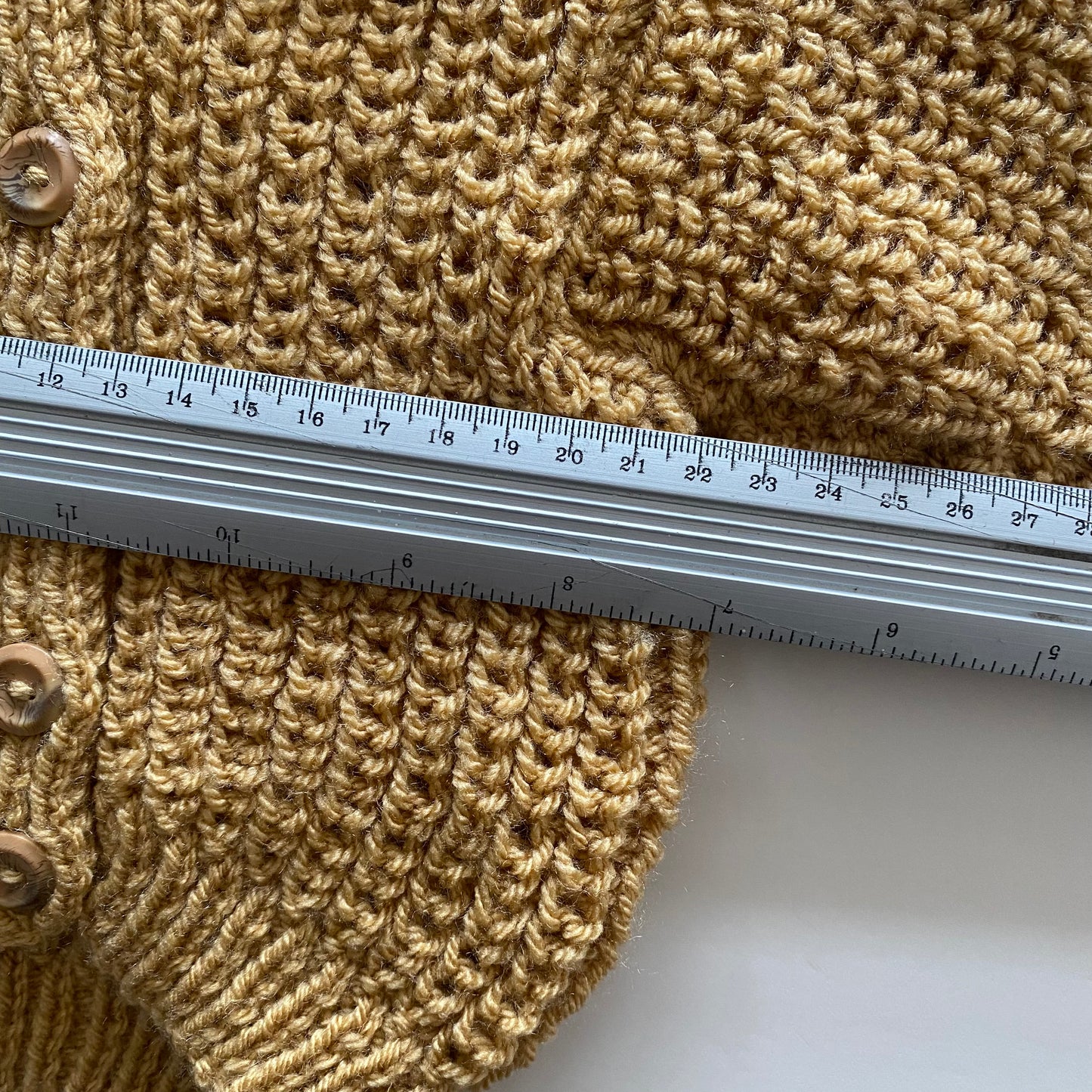 0-3M muted mustard chunky knit hand-knitted cardigan with pixie hood
