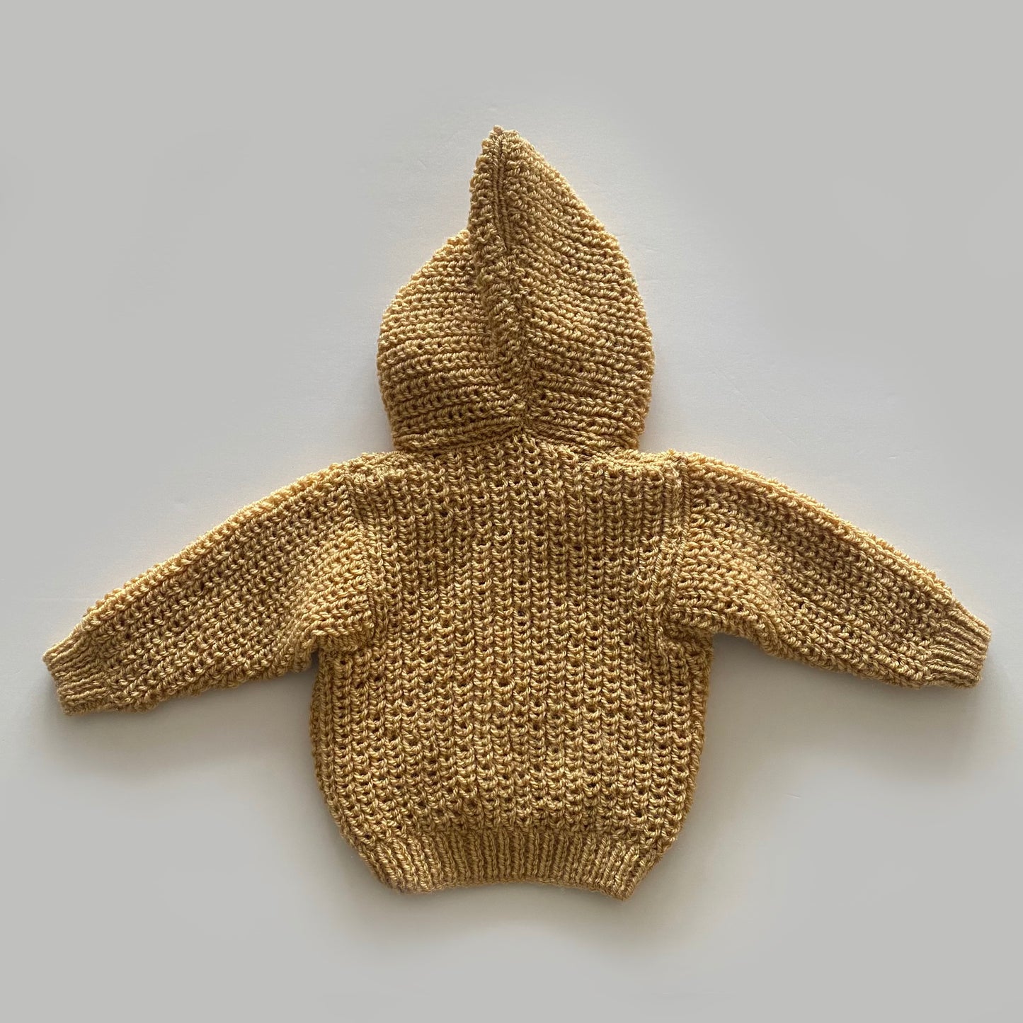 0-3M muted mustard chunky knit hand-knitted cardigan with pixie hood