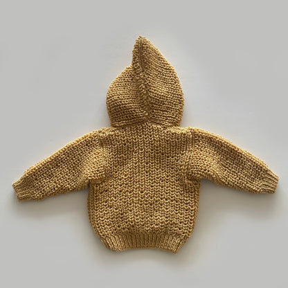 0-3M muted mustard chunky knit hand-knitted cardigan with pixie hood