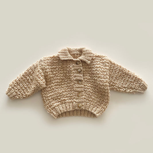 0-3M beige hand-knitted cardigan with collar