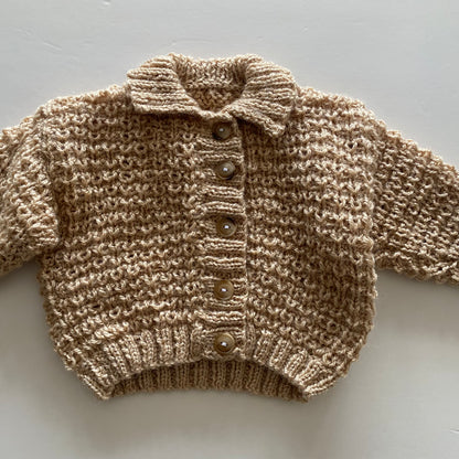 0-3M beige hand-knitted cardigan with collar