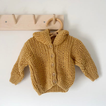0-3M muted mustard chunky knit hand-knitted cardigan with pixie hood