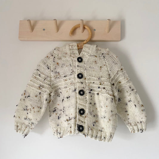 6-12M mottled cream hand-knitted cardigan with bear hood