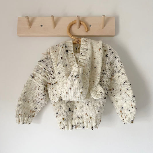 6-12M mottled cream hand-knitted cardigan with bear hood