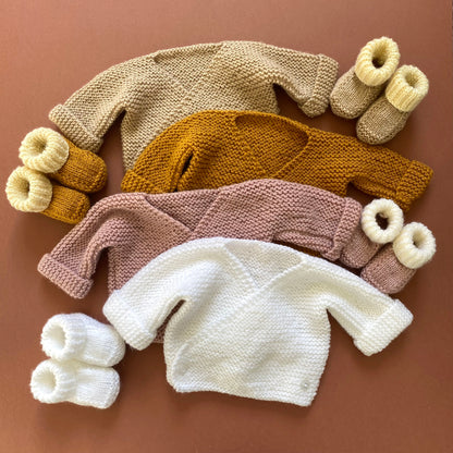 Choice of wrap knitted cardigan and booties baby set