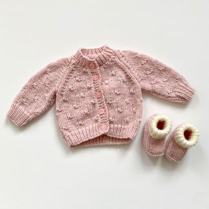 Dusky pink knitted baby cardigan and booties set
