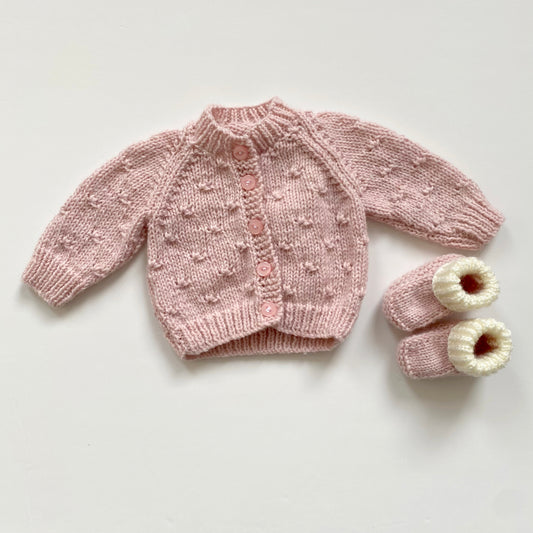Dusky pink knitted baby cardigan and booties set