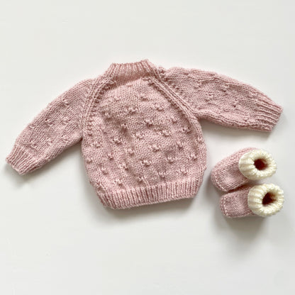 Dusky pink knitted baby cardigan and booties set