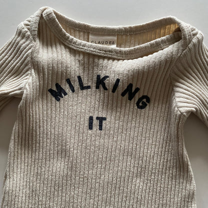 3-6M Claude & Co Milking it oat ribbed onesie