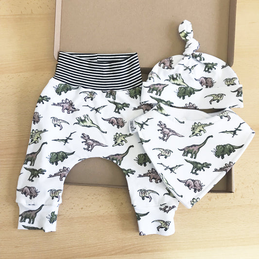 Jurassic bib, hat and leggings set