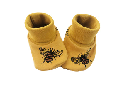 Mustard bee fabric booties
