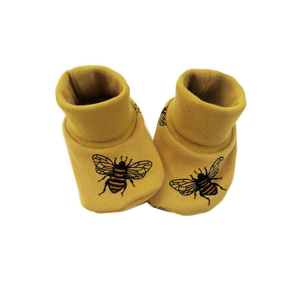 Mustard bee fabric booties