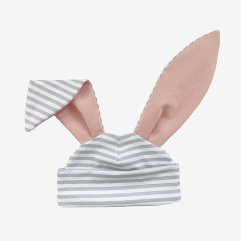 Grey stripe pink bunny hat