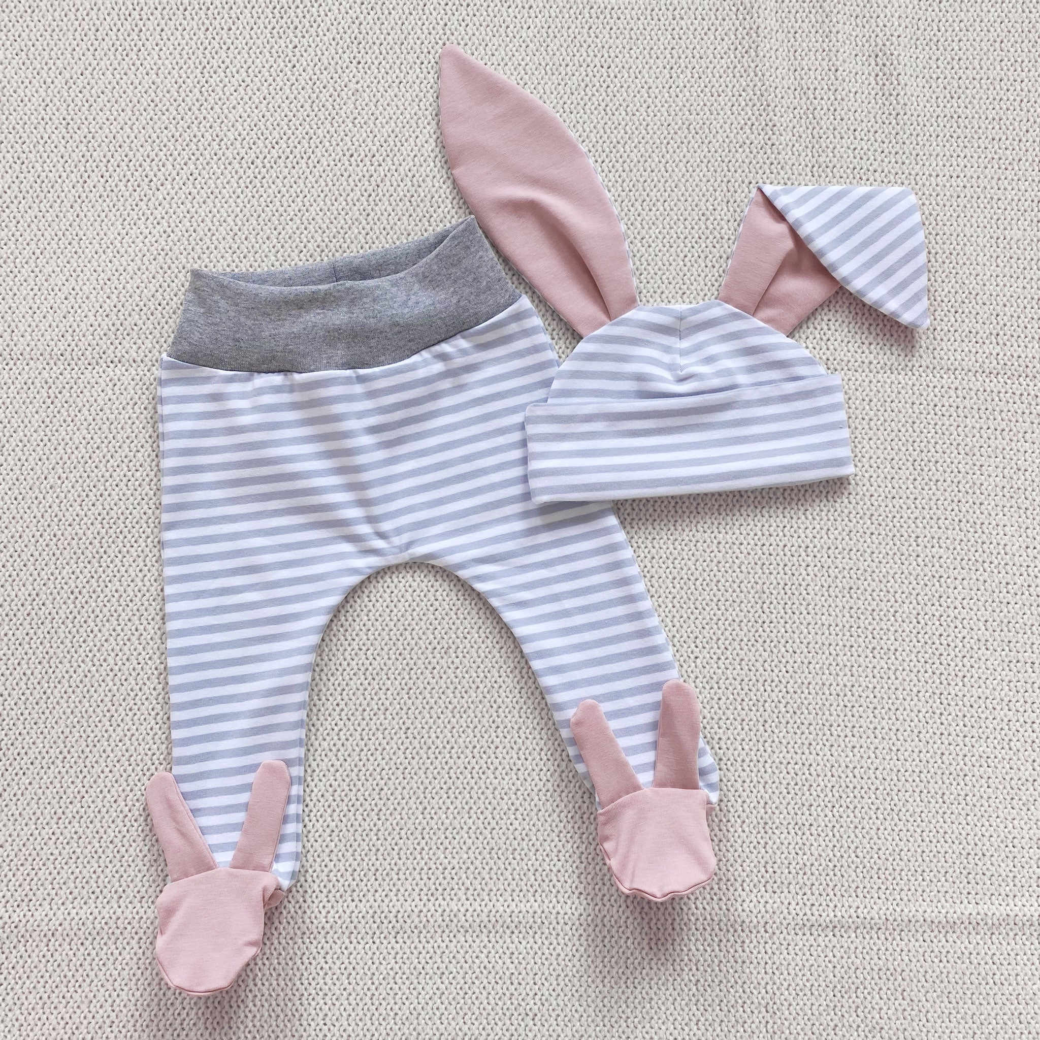 Grey stripe pink bunny set