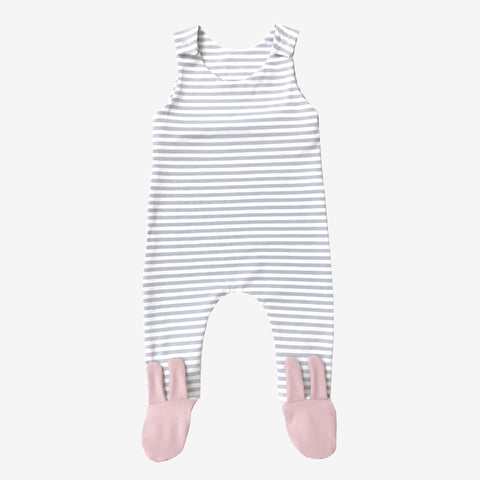 Grey stripe pink bunny footed romper