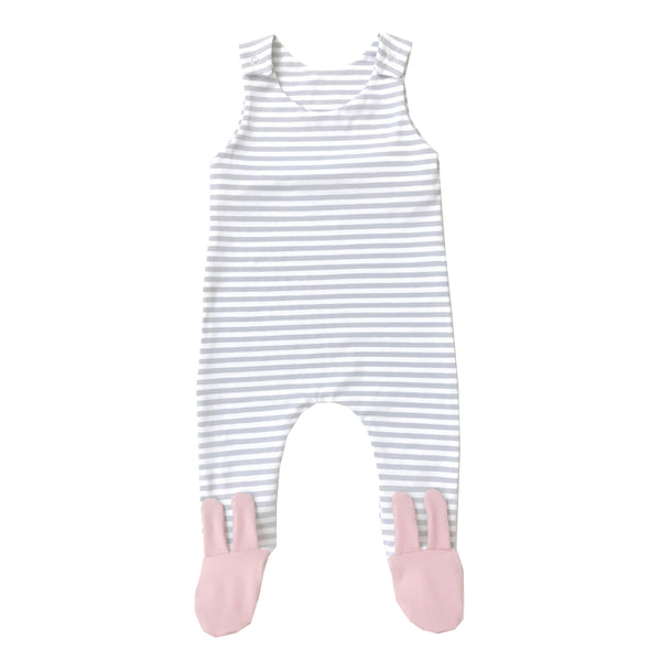 Grey stripe pink bunny footed romper