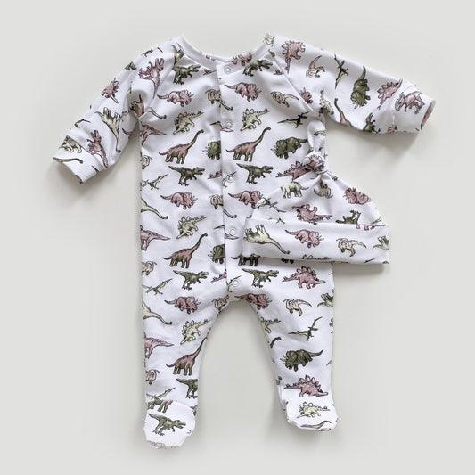 Jurassic footed babygrow hat set