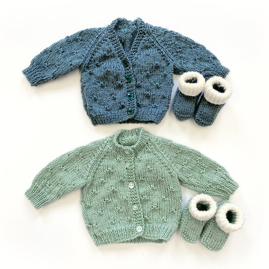 Choice of popcorn knitted baby cardigan and booties set
