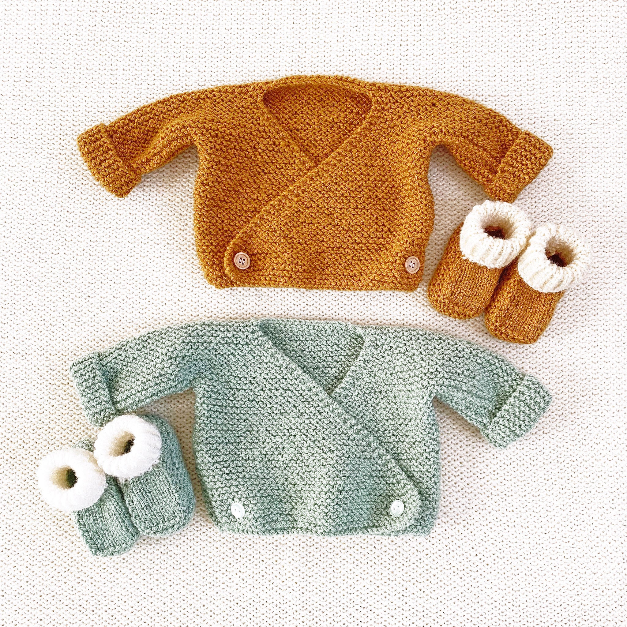 Mustard or mint cardigan and booties set