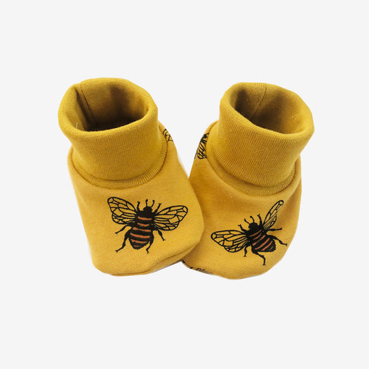 Mustard bee fabric booties