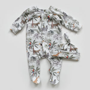 Neutral safari footed babygrow hat set